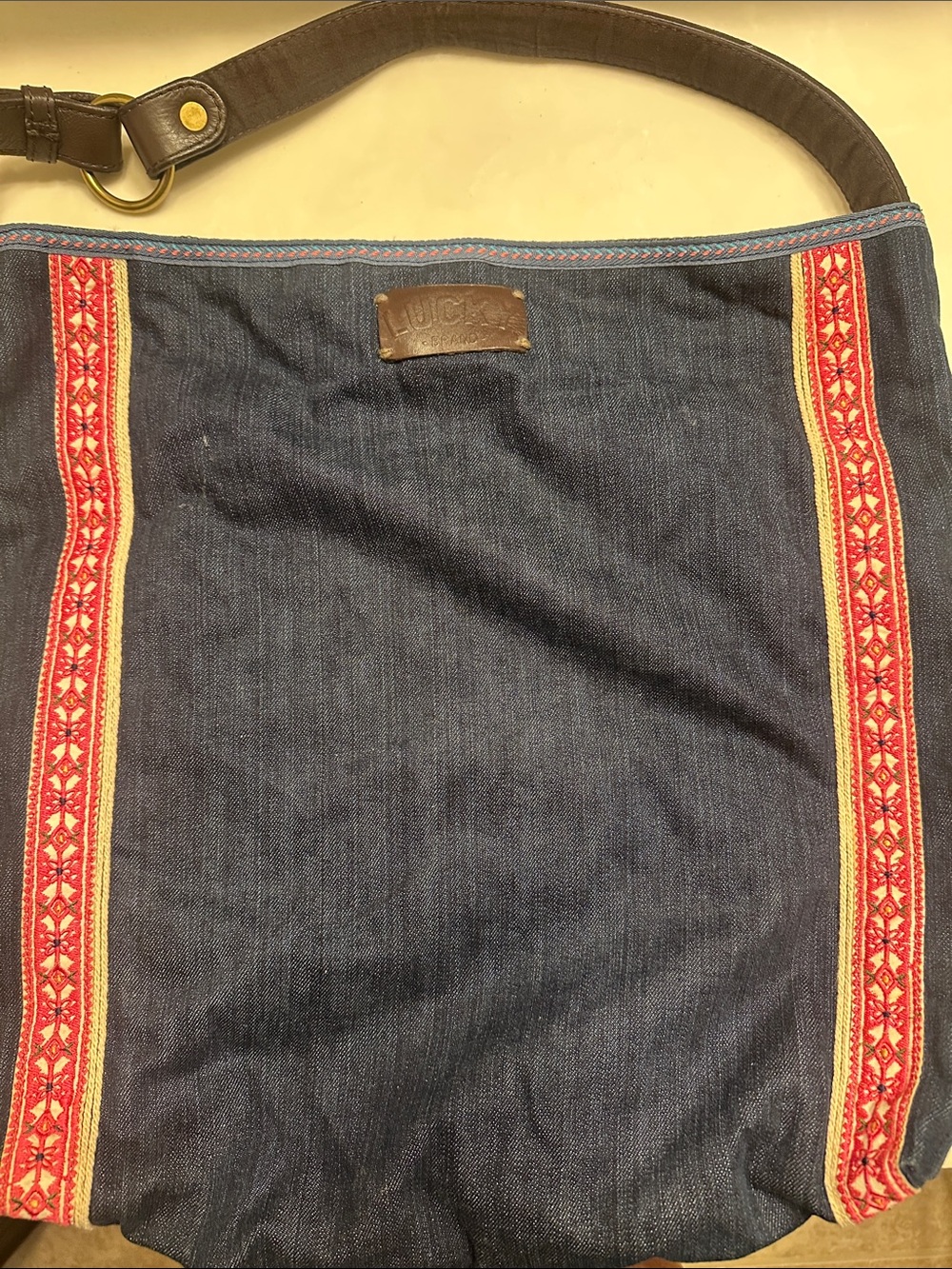 Lucky Brand Navy Canvas Hobo with Pink and Coral Embroidered Floral Panel - Picture 6 of 7